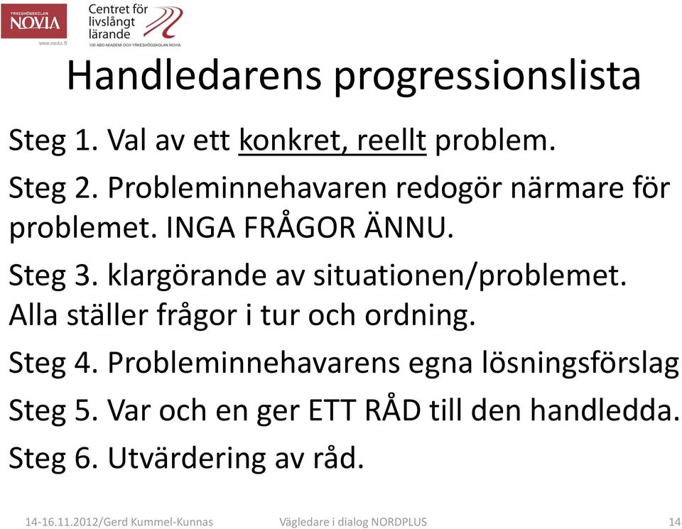 klargörande av situationen/problemet. Alla ställer frågor i tur och ordning. Steg 4.