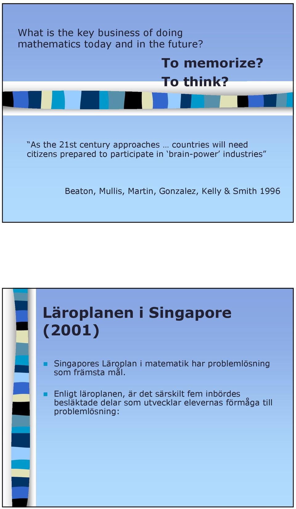 Mullis, Martin, Gonzalez, Kelly & Smith 1996 Läroplanen i Singapore (2001) Singapores Läroplan i matematik har