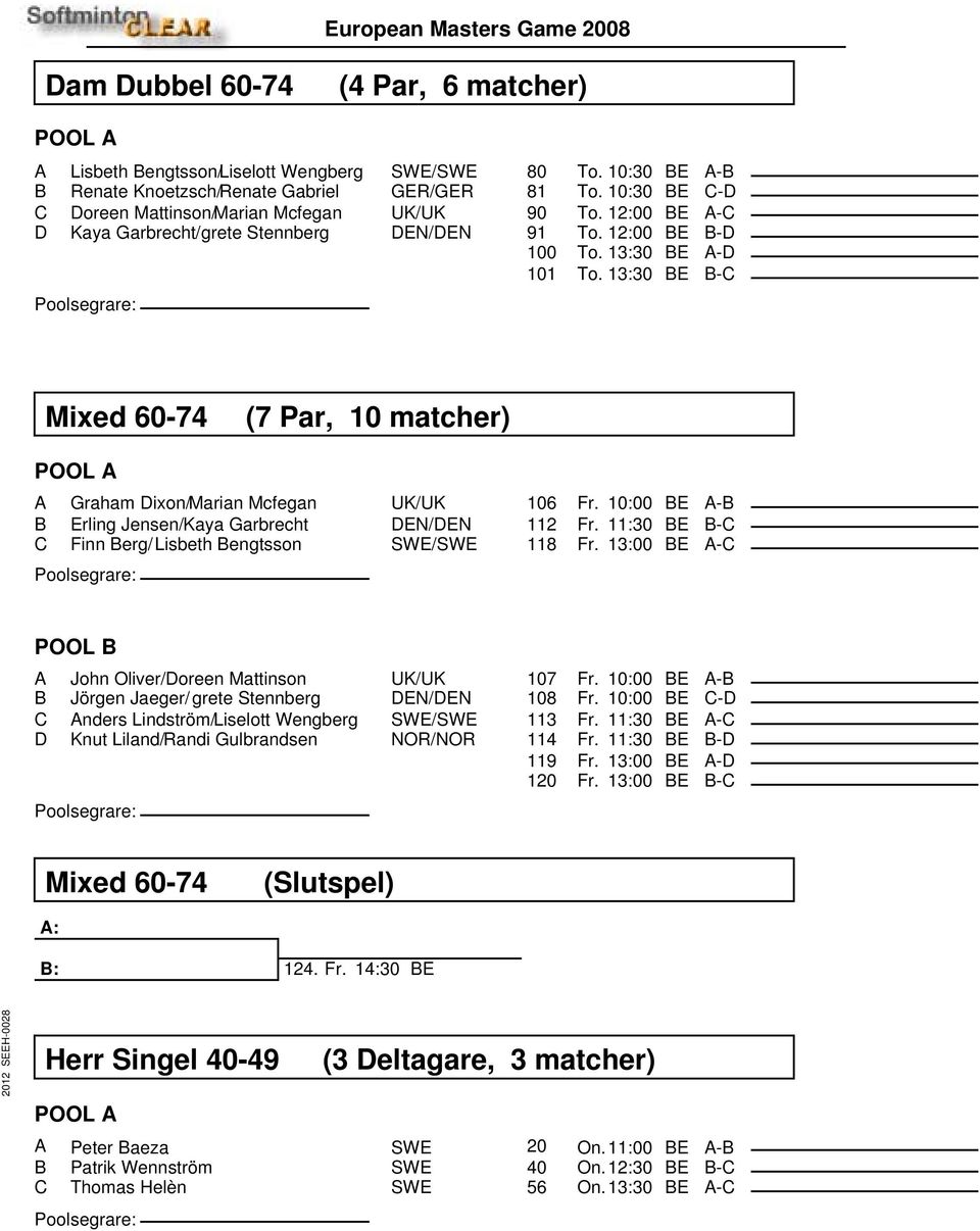 13:30 BE B-C Mixed 60-74 (7 Par, 10 matcher) A Graham Dixon/Marian Mcfegan UK/UK B Erling Jensen/Kaya Garbrecht DEN/DEN C Finn Berg/ Lisbeth Bengtsson SWE/SWE 106 Fr. 10:00 BE A-B 112 Fr.