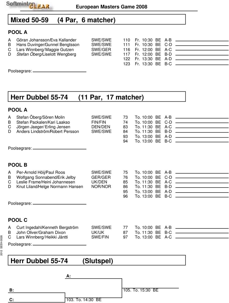 13:30 BE B-C Herr Dubbel 55-74 (11 Par, 17 matcher) A Stefan Öberg/Sören Molin SWE/SWE B Stefan Packalen/Kari Laakso FIN/FIN C Jörgen Jaeger/ Erling Jensen DEN/DEN D Anders Lindström/Robert Persson