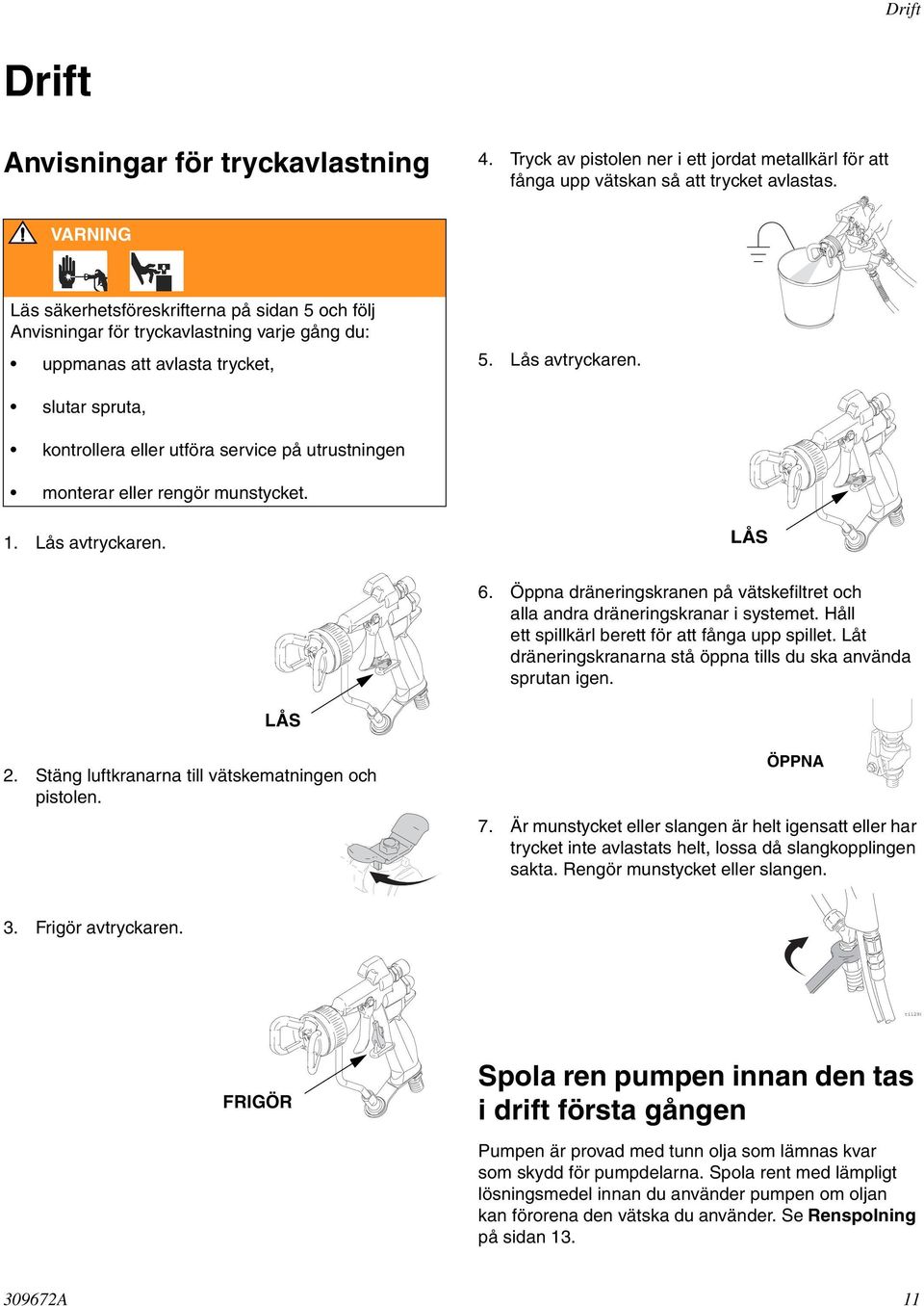 slutar spruta, kontrollera eller utföra service på utrustningen monterar eller rengör munstycket.. Lås avtryckaren. LÅS 6.