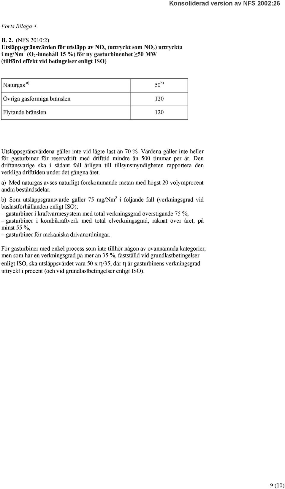 50 b) Övriga gasformiga bränslen 120 Flytande bränslen 120 Utsläppsgränsvärdena gäller inte vid lägre last än 70 %.