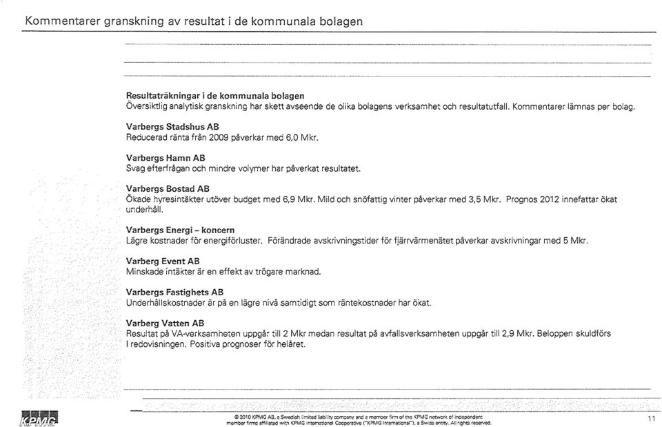 Varbergs Bostad AB Ökade hyresintäkter utöver budget med 6,9 Mkr. Mild och snöfattig vinter påverkar med 3,5 Mkr. Prognos 2012 innefattar ökat underhåll.