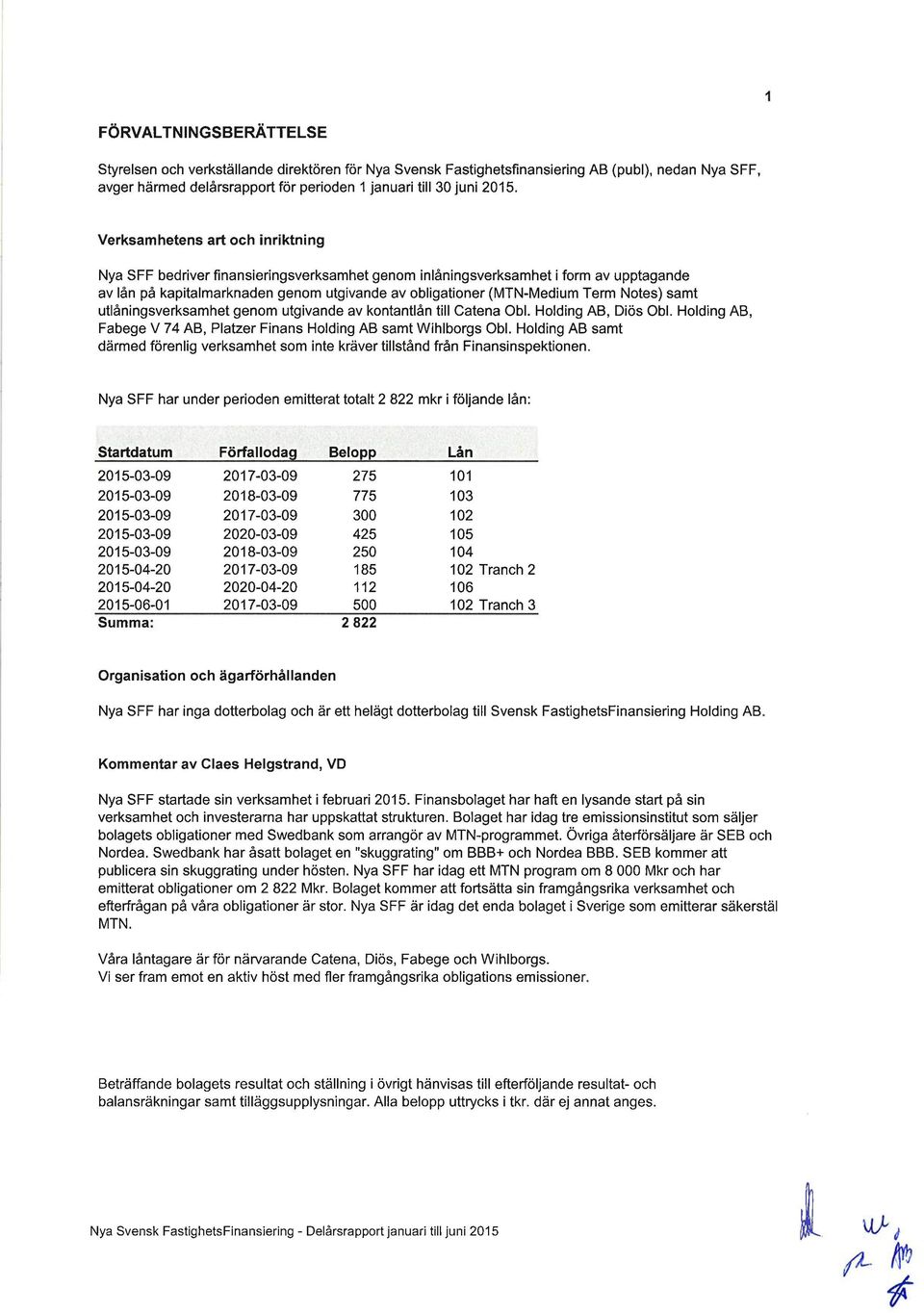 Notes) samt utlåningsverksamhet genom utgivande av kontantlån till Catena Obl. Holding AB, Diös Obl. Holding AB, Fabege V 74 AB, Platzer Finans Holding AB samt Wihlborgs Obl.