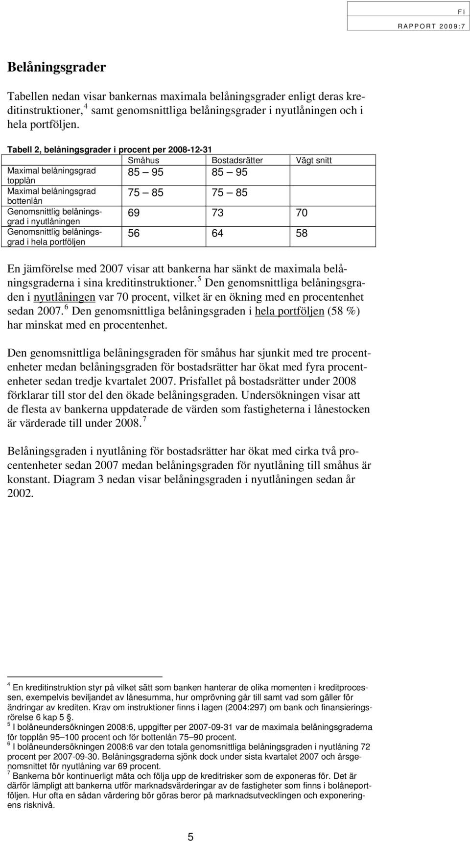 nyutlåningen 69 73 70 Genomsnittlig belåningsgrad i hela portföljen 56 64 58 En jämförelse med 2007 visar att bankerna har sänkt de maximala belåningsgraderna i sina kreditinstruktioner.