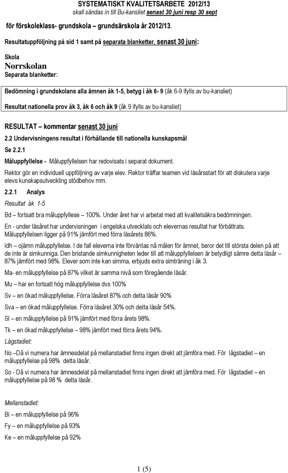 bu-kansliet) Resultat nationella prov åk 3, åk 6 och åk 9 (åk 9 ifylls av bu-kansliet) RESULTAT kommentar senast 30 juni 2.2 Undervisningens resultat i förhållande till nationella kunskapsmål Se 2.2.1 Måluppfyllelse - Måluppfyllelsen har redovisats i separat dokument.