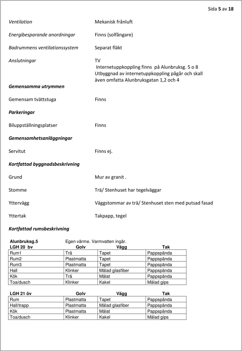 5 o 8 Utbyggnad av internetuppkoppling pågår och skall även omfatta Alunbruksgatan 1,2 och 4 Finns Parkeringar Biluppställningsplatser Finns Gemensamhetsanläggningar Servitut Finns ej.