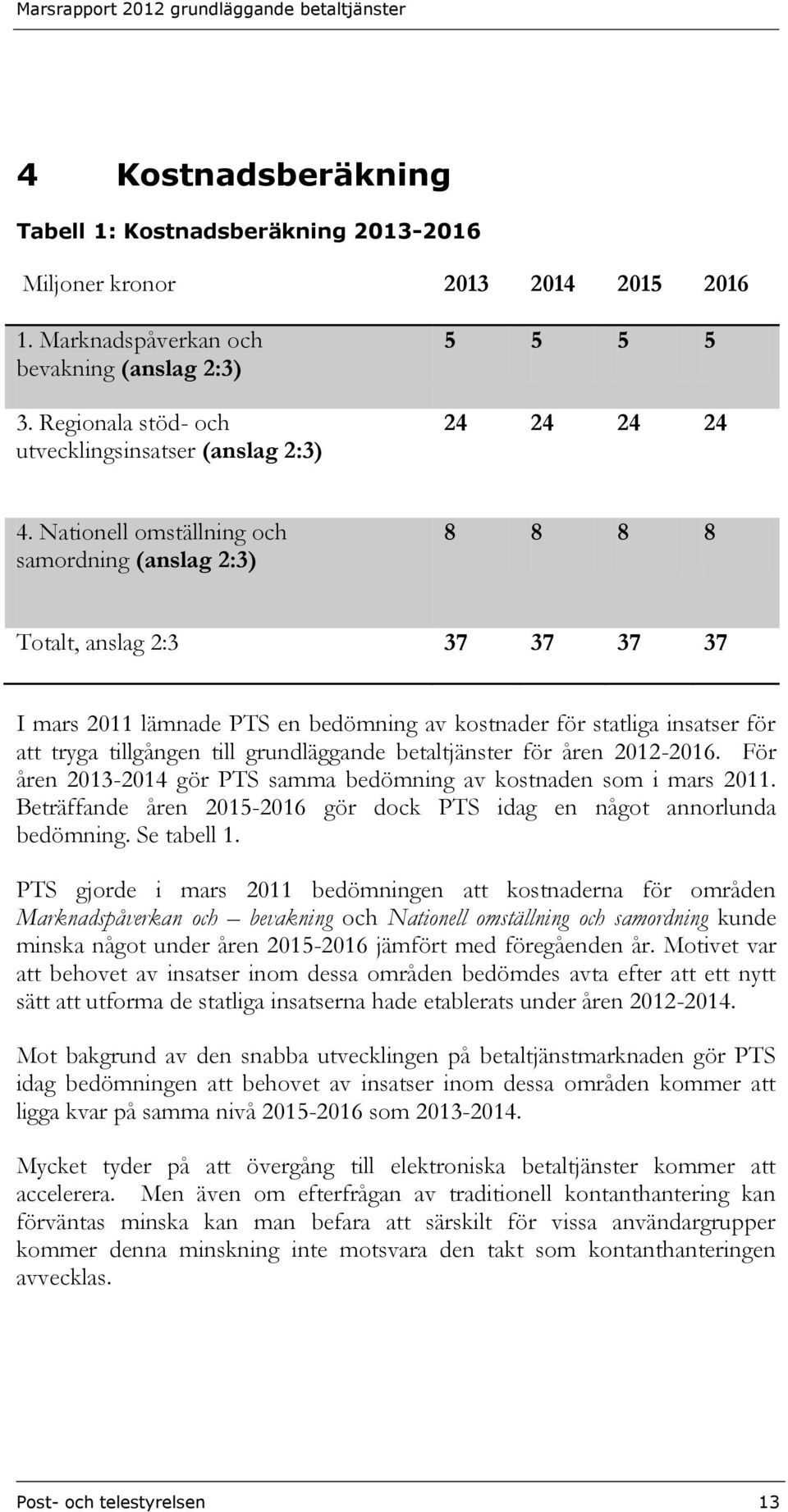 Nationell omställning och samordning (anslag 2:3) 8 8 8 8 Totalt, anslag 2:3 37 37 37 37 I mars 2011 lämnade PTS en bedömning av kostnader för statliga insatser för att tryga tillgången till