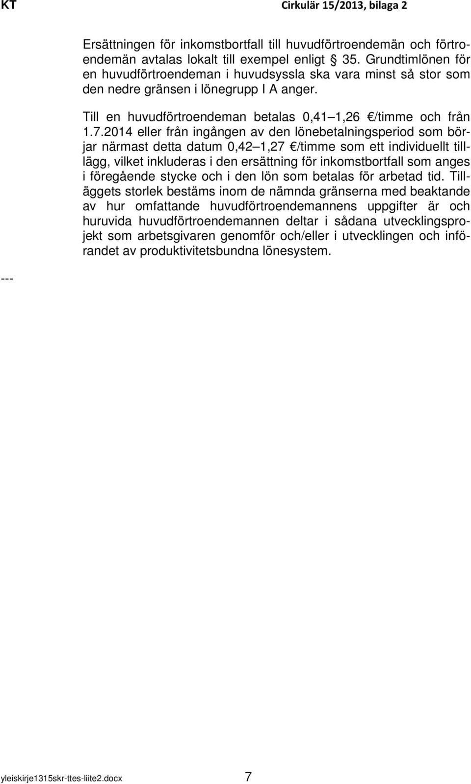 2014 eller från ingången av den lönebetalningsperiod som börjar närmast detta datum 0,42 1,27 /timme som ett individuellt tilllägg, vilket inkluderas i den ersättning för inkomstbortfall som anges i