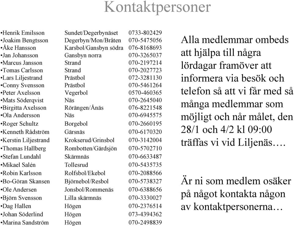 070-2645040 Birgitta Axelsson Rörängen/Ånäs 076-8221548 Ola Andersson Näs 070-6945575 Roger Schultz Borgebol 070-2660195 Kenneth Rådström Gärsnäs 070-6170320 Kerstin Liljestrand Krokserud/Grinsbol