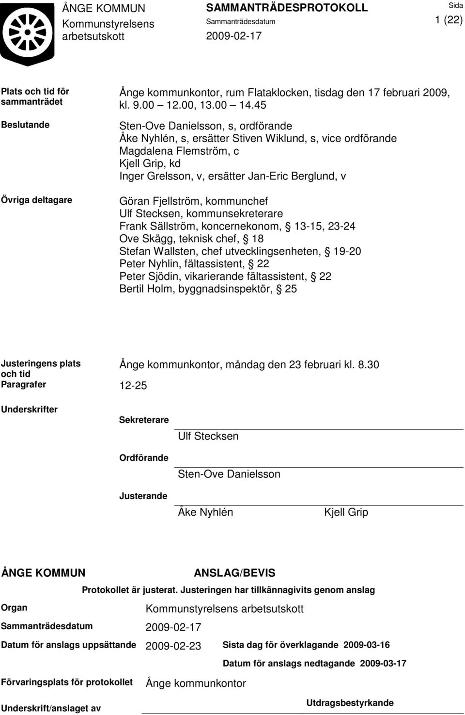 Fjellström, kommunchef Ulf Stecksen, kommunsekreterare Frank Sällström, koncernekonom, 13-15, 23-24 Ove Skägg, teknisk chef, 18 Stefan Wallsten, chef utvecklingsenheten, 19-20 Peter Nyhlin,