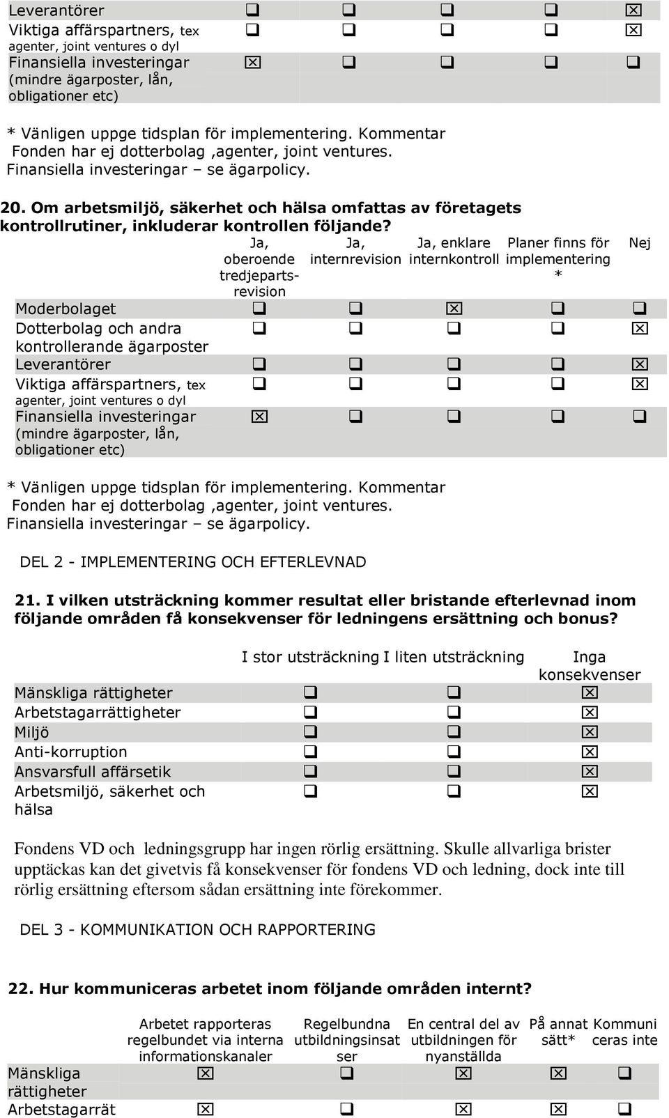 enklare Planer finns för internrevision internkontroll implementering Moderbolaget Dotterbolag och andra kontrollerande ägarposter Leverantörer Viktiga affärspartners, tex Vänligen uppge tidsplan för