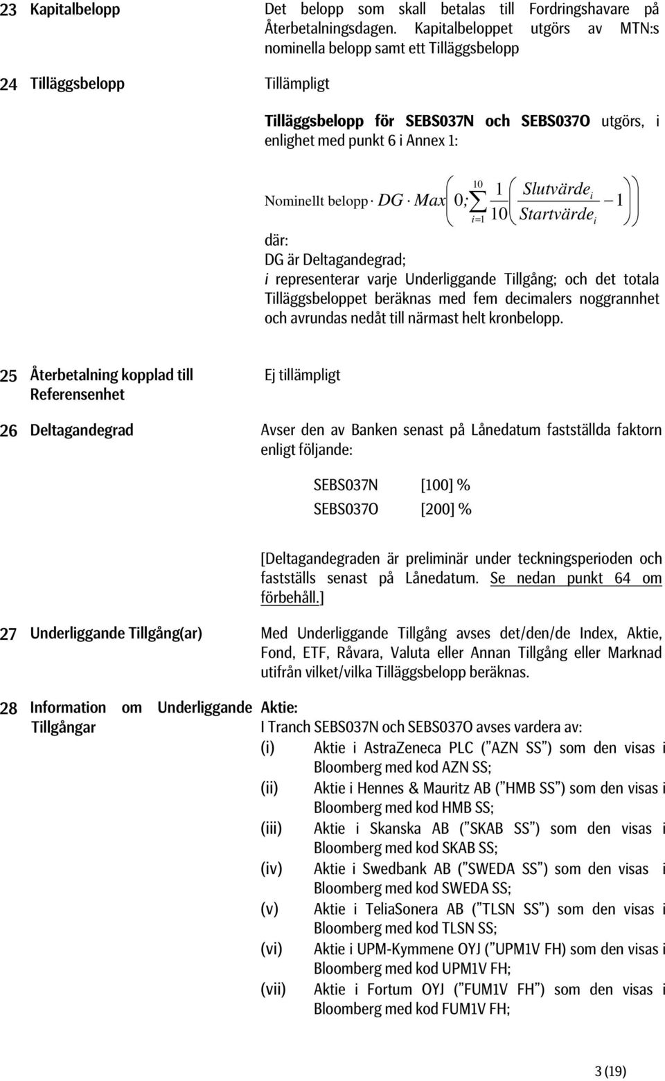 belopp 1 Slutvärde i DG Max 0; 1 i 1 10 Startvärdei där: DG är Deltagandegrad; i representerar varje Underliggande Tillgång; och det totala Tilläggsbeloppet beräknas med fem decimalers noggrannhet