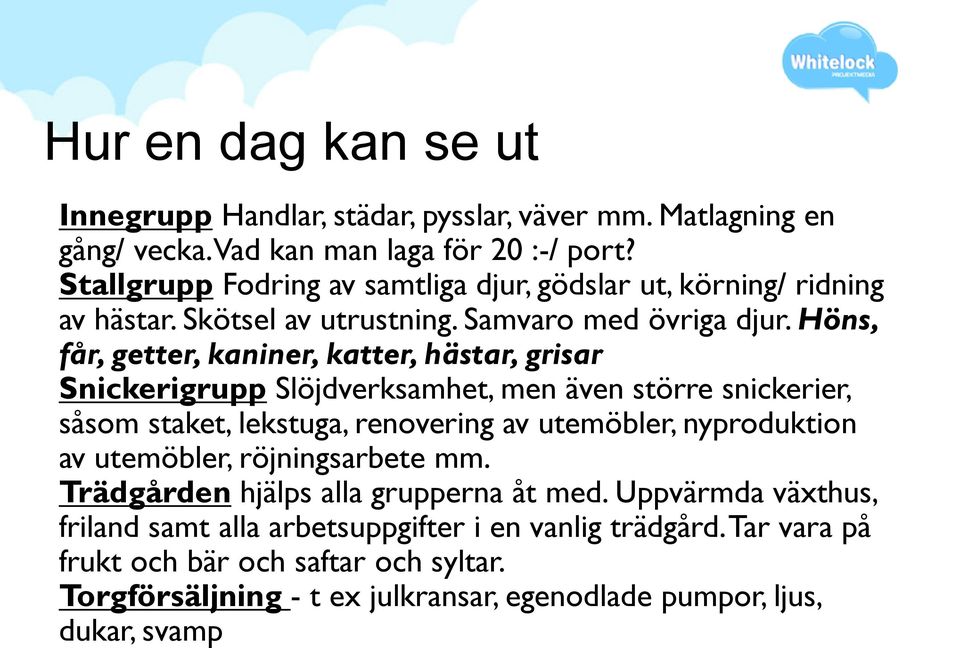 Höns, får, getter, kaniner, katter, hästar, grisar Snickerigrupp Slöjdverksamhet, men även större snickerier, såsom staket, lekstuga, renovering av utemöbler, nyproduktion