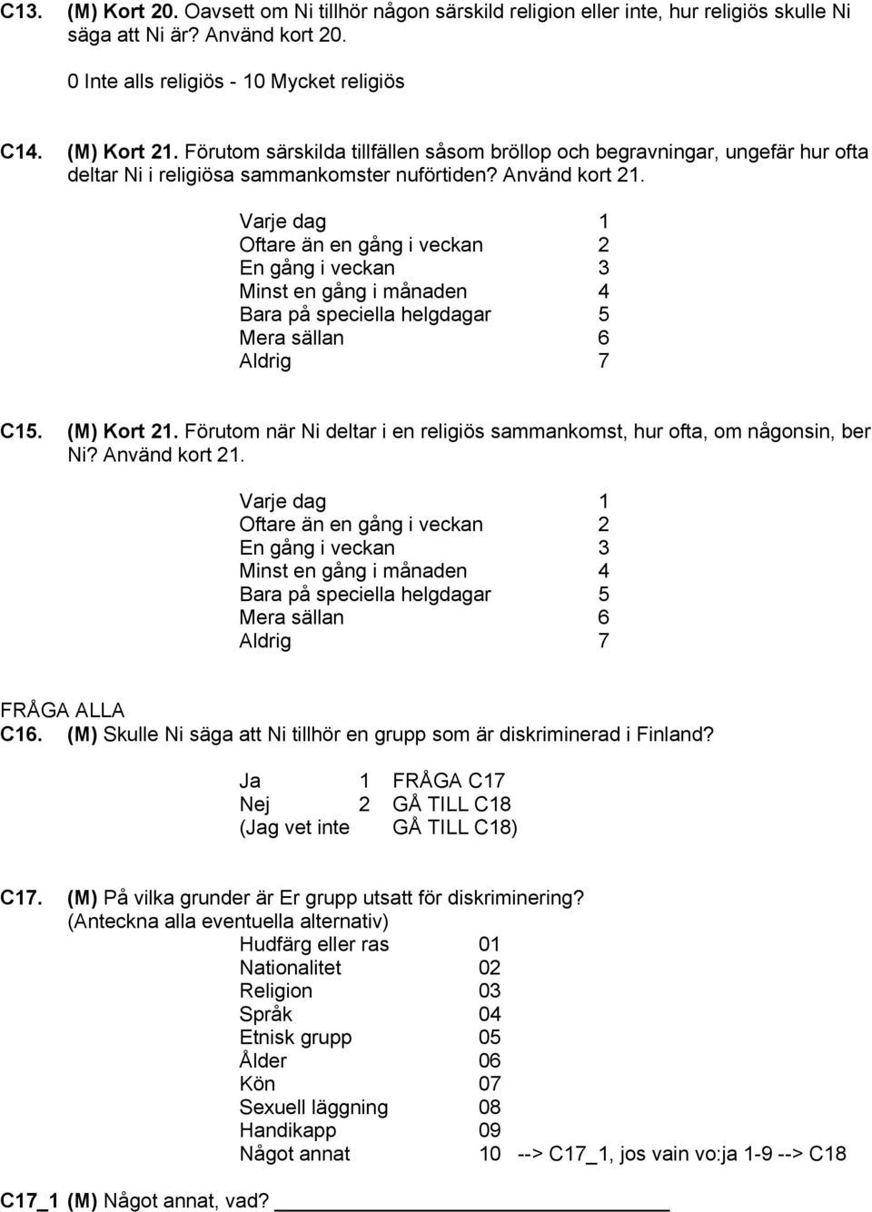 Varje dag 1 Oftare än en gång i veckan 2 En gång i veckan 3 Minst en gång i månaden 4 Bara på speciella helgdagar 5 Mera sällan 6 Aldrig 7 C15. (M) Kort 21.