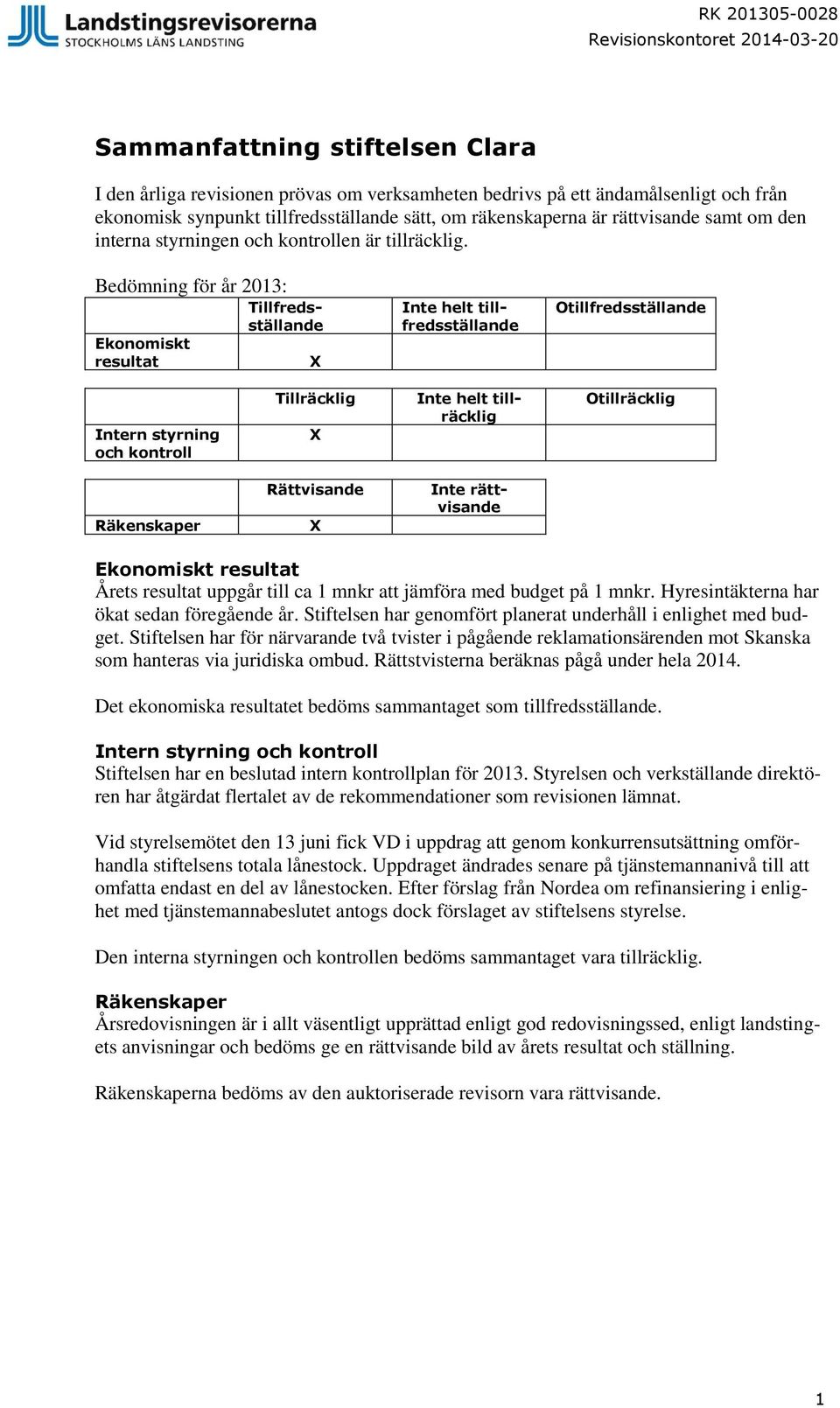 Ekonomiskt resultat Bedömning för år 2013: Tillfredsställande X Inte helt tillfredsställande Otillfredsställande Intern styrning och kontroll Tillräcklig X Inte helt tillräcklig Otillräcklig