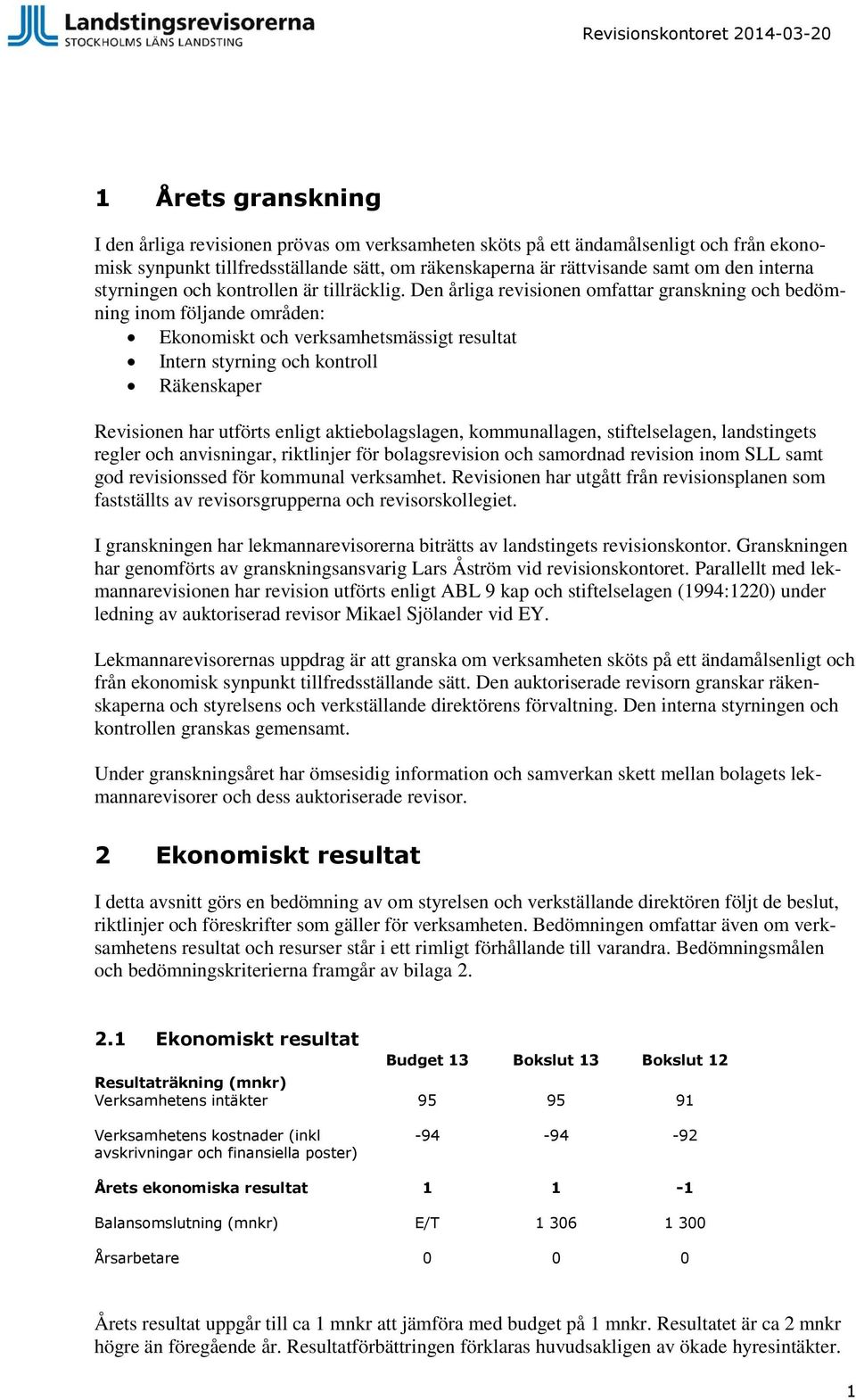 Den årliga revisionen omfattar granskning och bedömning inom följande områden: Ekonomiskt och verksamhetsmässigt resultat Intern styrning och kontroll Räkenskaper Revisionen har utförts enligt
