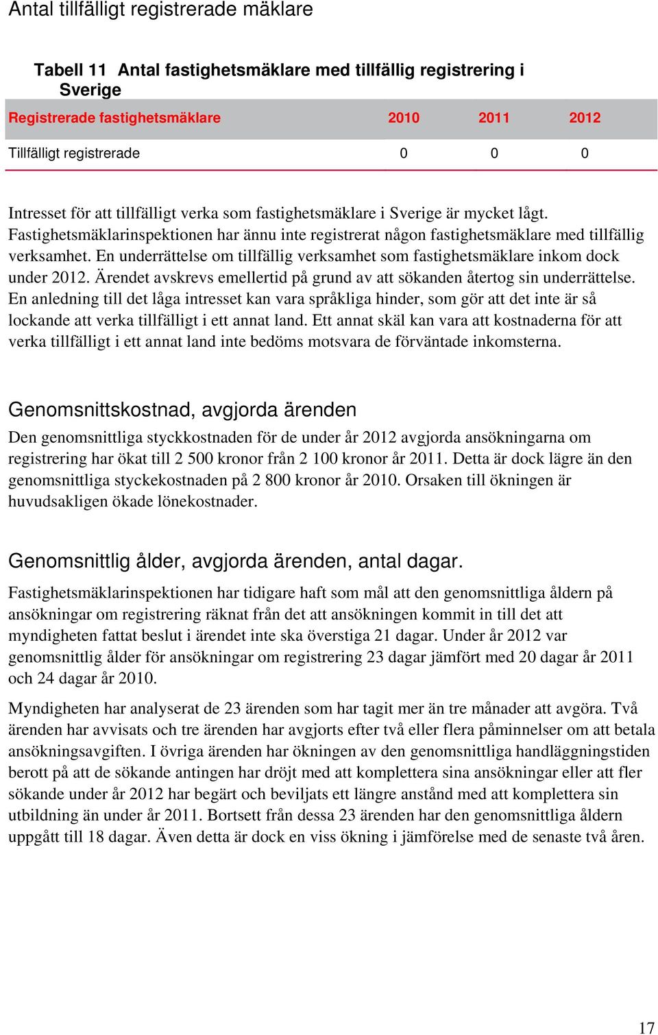 En underrättelse om tillfällig verksamhet som fastighetsmäklare inkom dock under 2012. Ärendet avskrevs emellertid på grund av att sökanden återtog sin underrättelse.