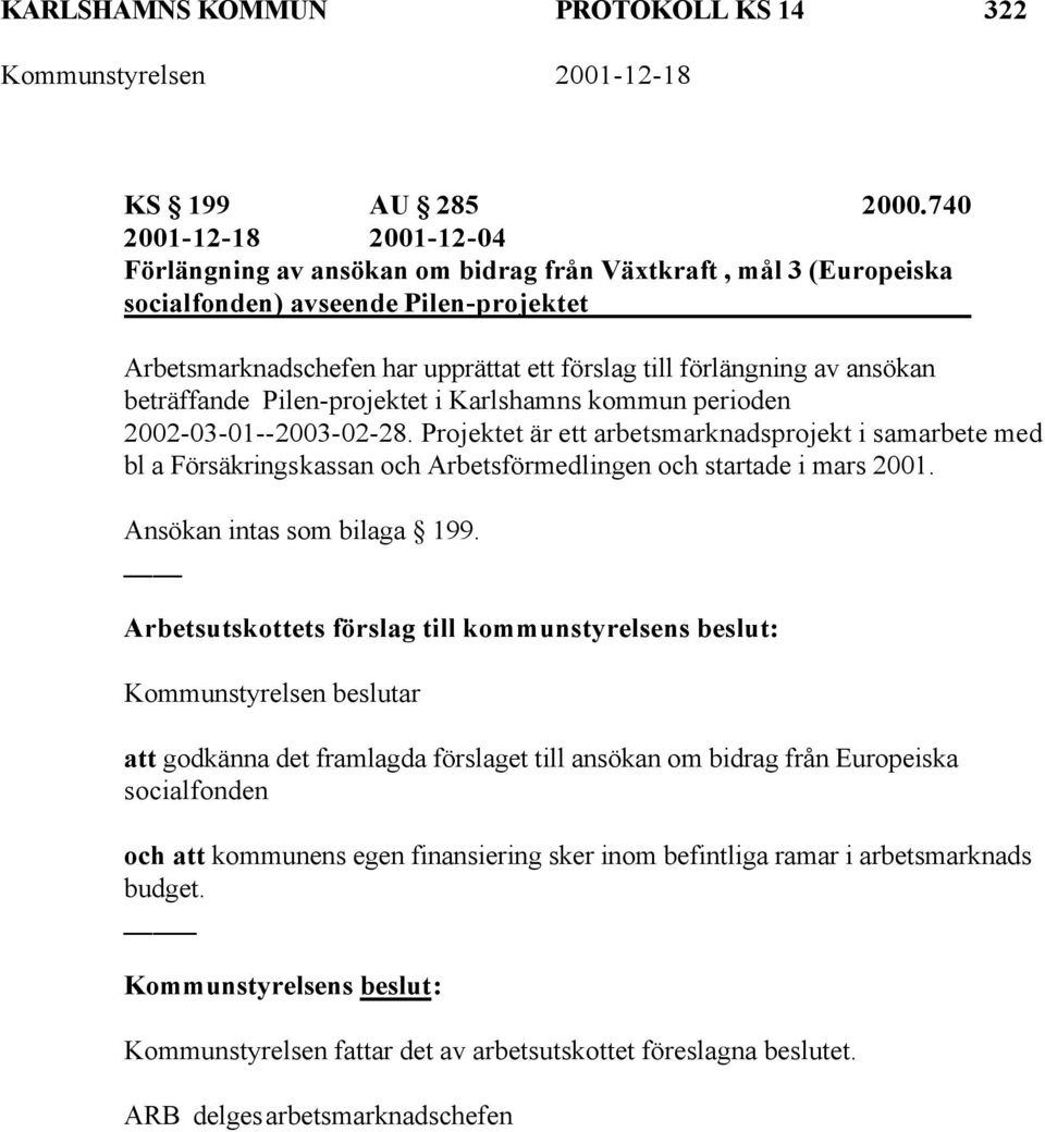 förslag till förlängning av ansökan beträffande Pilen-projektet i Karlshamns kommun perioden 2002-03-01--2003-02-28.
