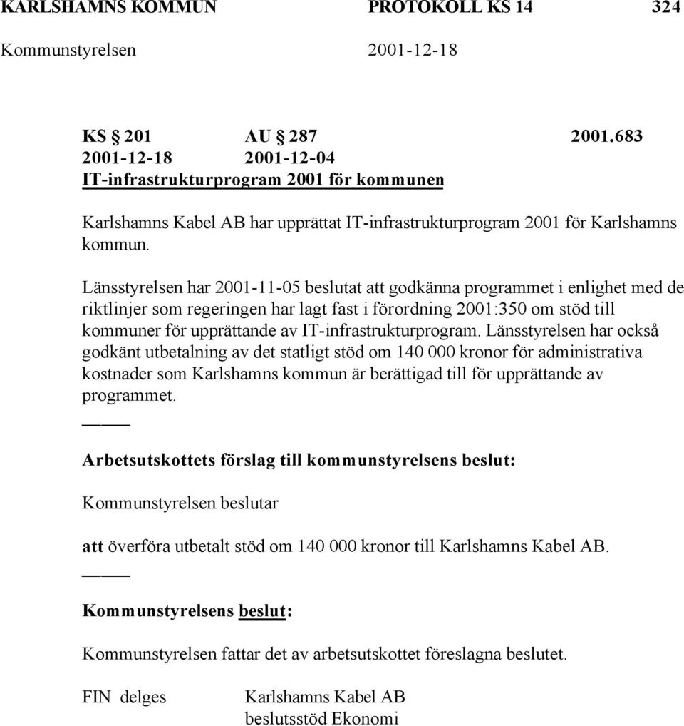 Länsstyrelsen har 2001-11-05 beslutat att godkänna programmet i enlighet med de riktlinjer som regeringen har lagt fast i förordning 2001:350 om stöd till kommuner för upprättande
