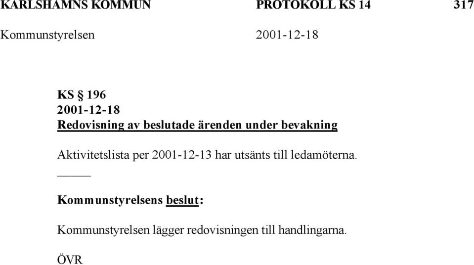 Aktivitetslista per 2001-12-13 har utsänts till