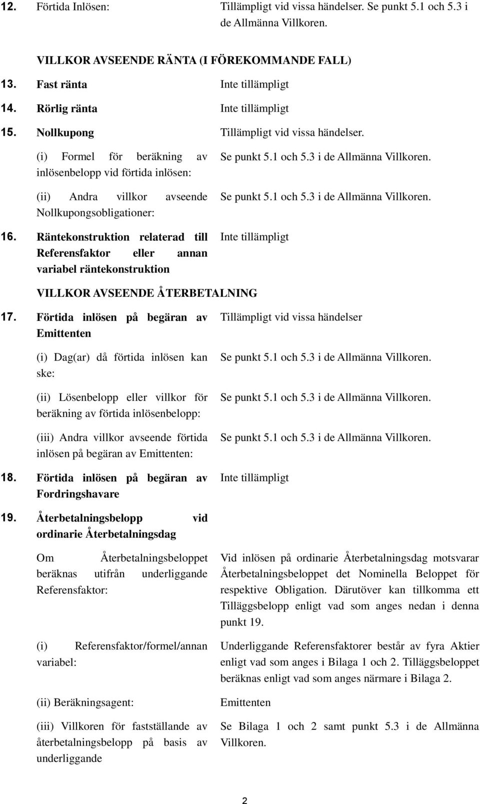 Räntekonstruktion relaterad till Referensfaktor eller annan variabel räntekonstruktion Se punkt 5.1 och 5.3 i de Allmänna Villkoren. Se punkt 5.1 och 5.3 i de Allmänna Villkoren. VILLKOR AVSEENDE ÅTERBETALNING 17.