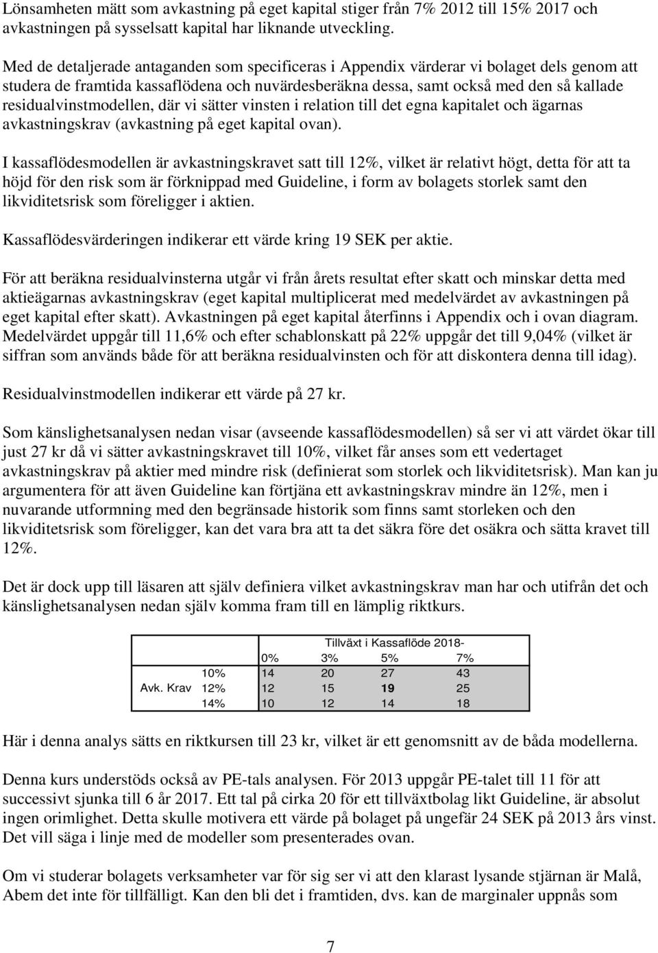 residualvinstmodellen, där vi sätter vinsten i relation till det egna kapitalet och ägarnas avkastningskrav (avkastning på eget kapital ovan).