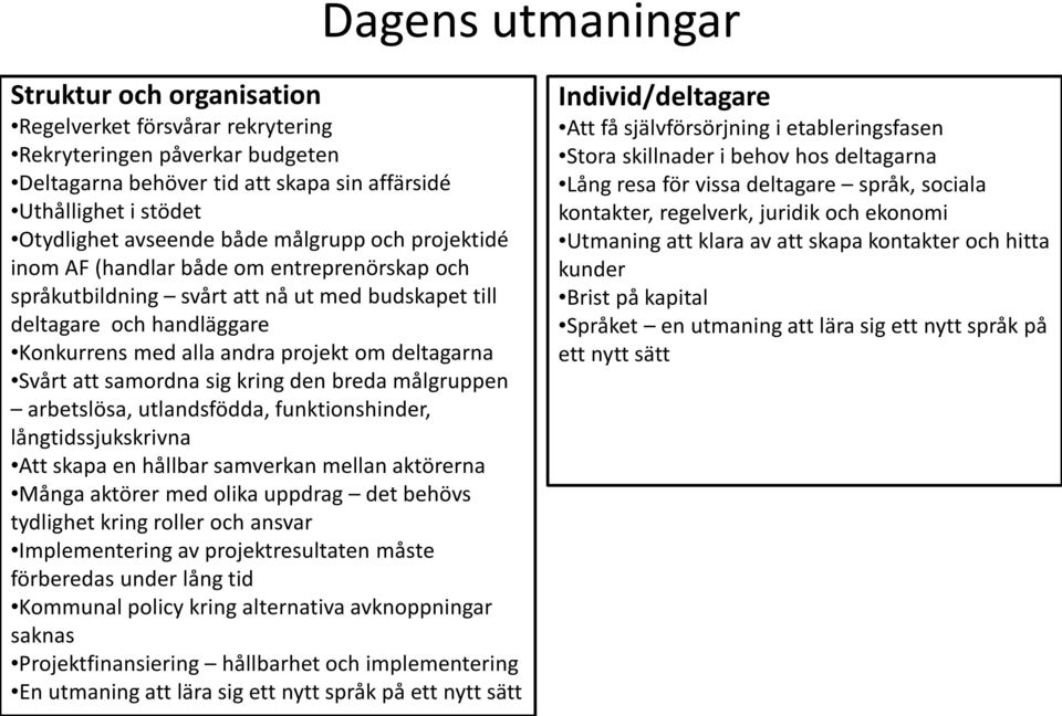 Svårt att samordna sig kring den breda målgruppen arbetslösa, utlandsfödda, funktionshinder, långtidssjukskrivna Att skapa en hållbar samverkan mellan aktörerna Många aktörer med olika uppdrag det