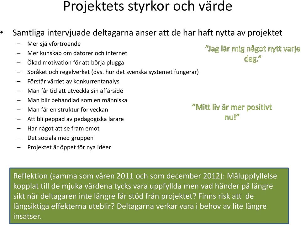 hur det svenska systemet fungerar) Förstår värdet av konkurrentanalys Man får tid att utveckla sin affärsidé Man blir behandlad som en människa Man får en struktur för veckan Att bli peppad av