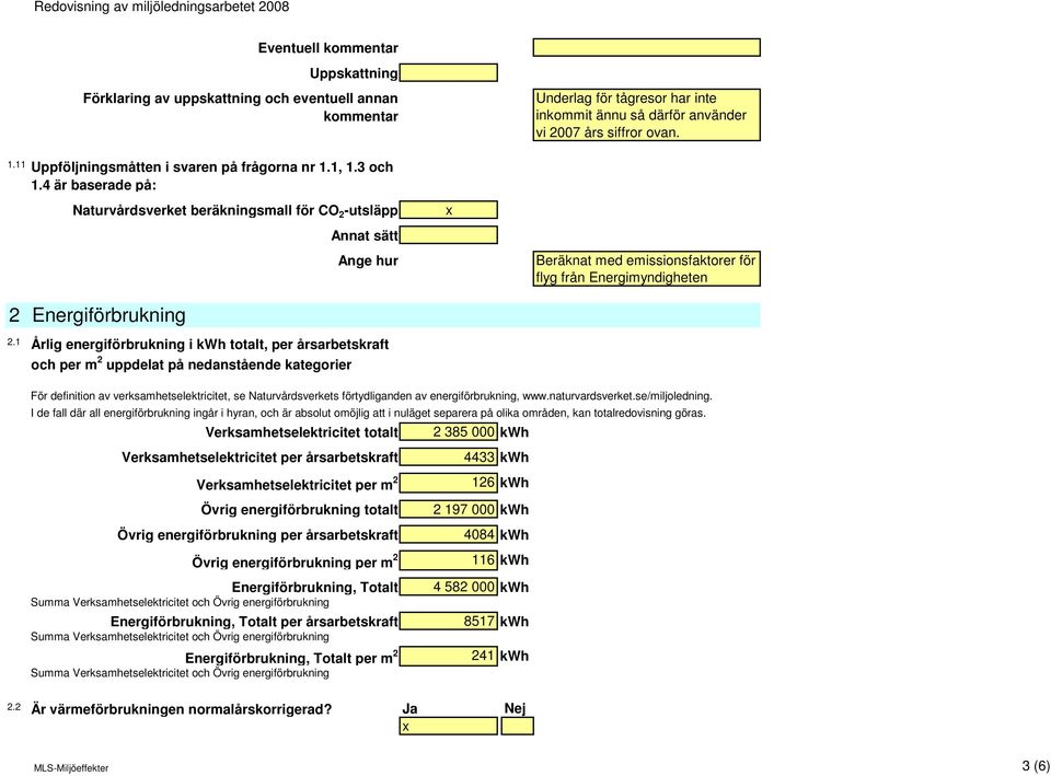 1 Årlig energiförbrukning i kwh totalt, och per m 2 uppdelat på nedanstående kategorier Underlag för tågresor har inte inkommit ännu så därför använder vi 2007 års siffror ovan.