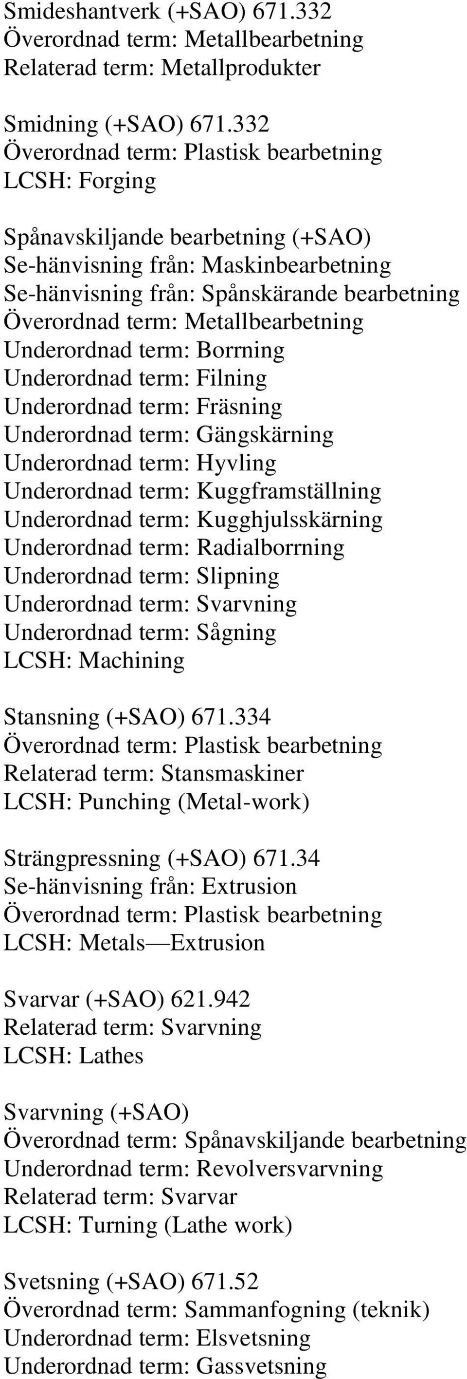 Underordnad term: Fräsning Underordnad term: Gängskärning Underordnad term: Hyvling Underordnad term: Kuggframställning Underordnad term: Kugghjulsskärning Underordnad term: Radialborrning