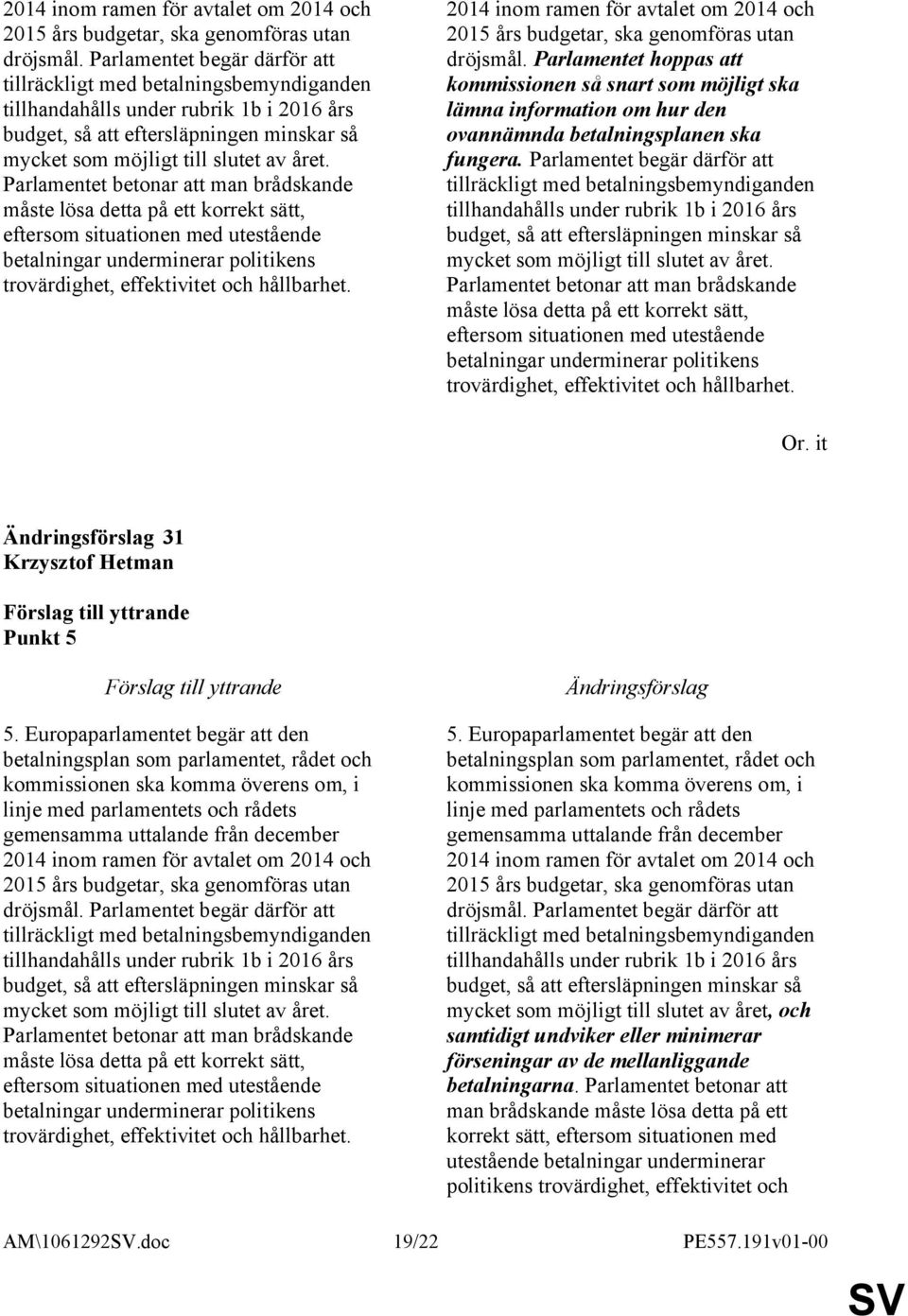 Parlamentet betonar att man brådskande måste lösa detta på ett korrekt sätt, eftersom situationen med utestående betalningar underminerar politikens trovärdighet, effektivitet och hållbarhet.