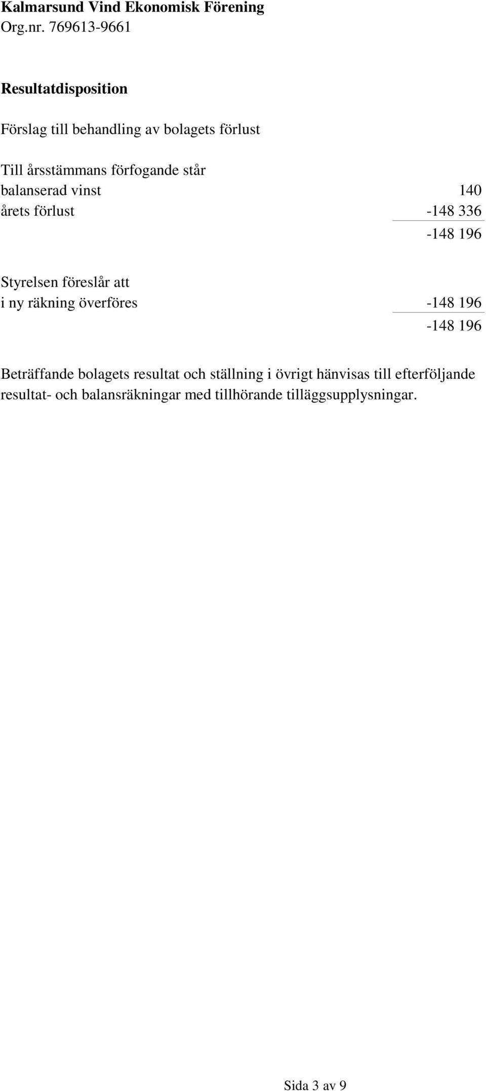 överföres -148 196-148 196 Beträffande bolagets resultat och ställning i övrigt hänvisas