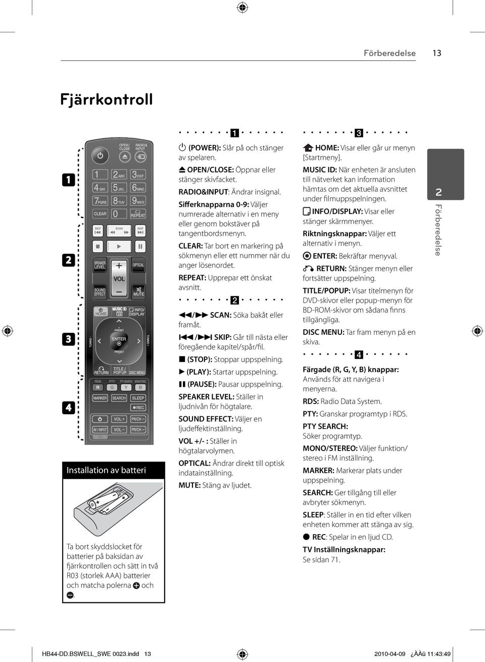 Sifferknapparna 0-9: Väljer numrerade alternativ i en meny eller genom bokstäver på tangentbordsmenyn. CLEAR: Tar bort en markering på sökmenyn eller ett nummer när du anger lösenordet.
