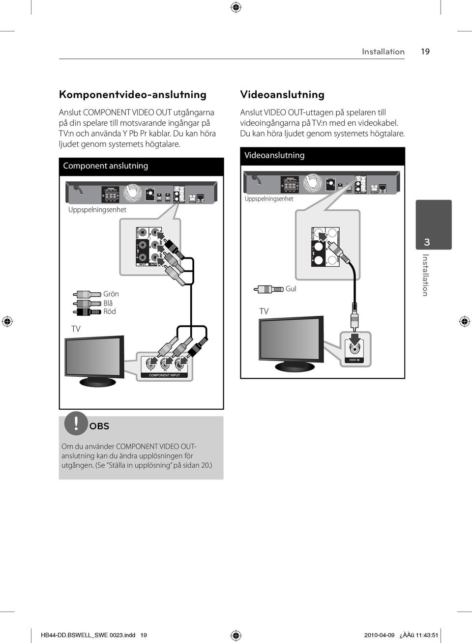 Component anslutning Videoanslutning Anslut VIDEO OUT-uttagen på spelaren till videoingångarna på TV:n med en videokabel.