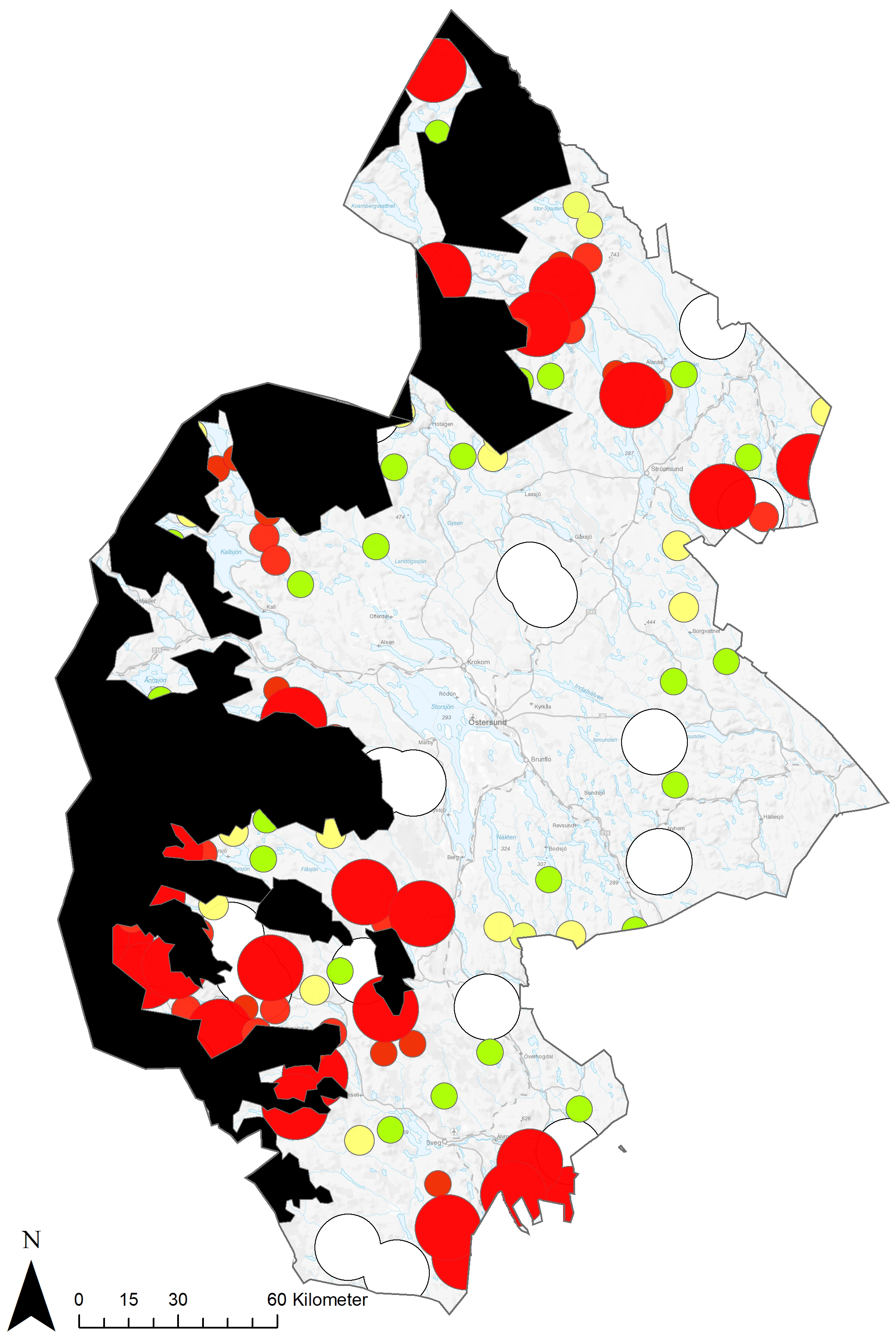 S T R AT E G I F Ö R K U N G S Ö R N O C H V I N D K R A F T I J Ä M T L A N D S L Ä N modulerade zoner på minst två kilometer, gröna områden kräver generell hänsyn med zoner på minst två kilometer,