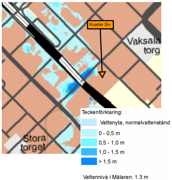 Figur 6. Vattendjup för 100-årsflödet (MSB, 2013).