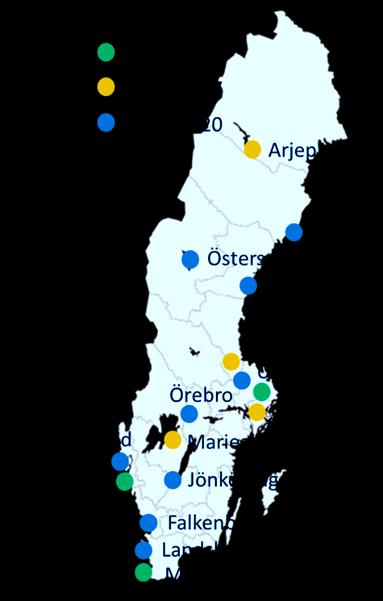 Sverigekartan nedan visar orter som aktivt arbetar för introduktion av vätgasinfrastruktur.