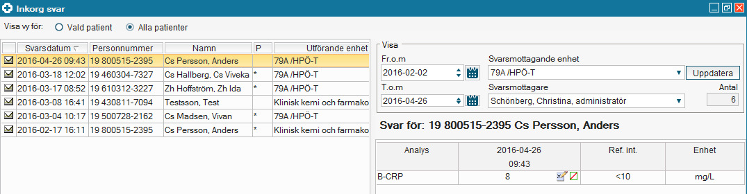 Inforation Sidan 7 När vy för Vald patient är förvald presenteras (Alla) för både