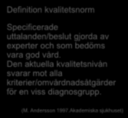 Pappersjournal 1997 Definition kvalitetsnorm Specificerade uttalanden/beslut gjorda av experter och som bedöms vara god vård.