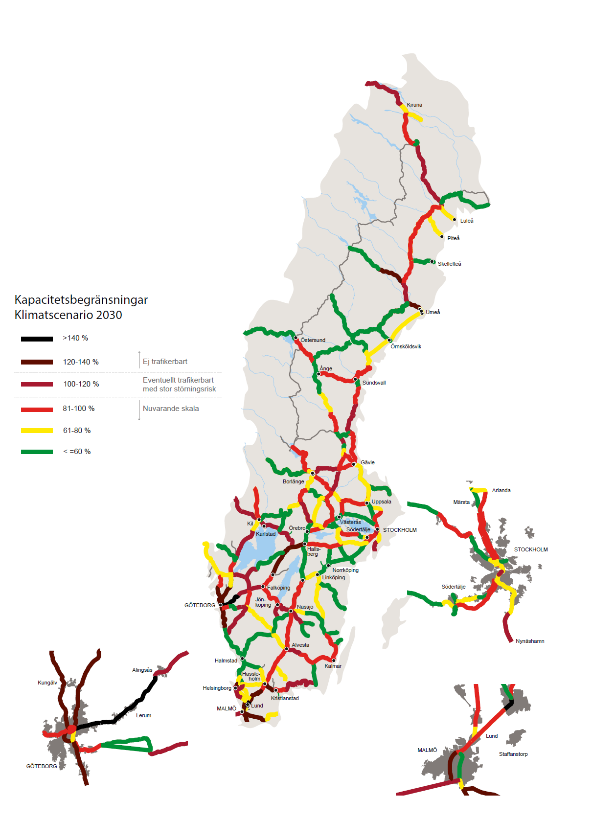 Figur 5 Kapacitetsbegränsningar i klimatscenariot 2030 med nuvarande järnvägsnät.