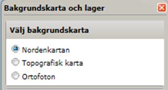 3,1 - Välj bakgrundskarta I BaTMan finns möjligheten att aktivera tre olika bakgrundskartor. Nordenkartan Topografisk karta Ortofoton (flygbilder) Norden kartan är förvald som bakgrundskarta.