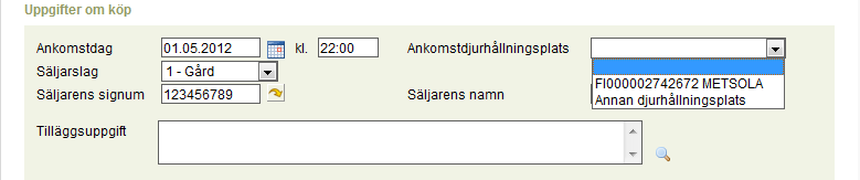 Välj köpdag i kalendern eller skriv in datumet i formen dd.mm.åååå. Tiden är inte obligatorisk uppgift, men man kan skriva in den i formen hh:mm. Välj säljarens slag och skriv in säljarens signum, t.