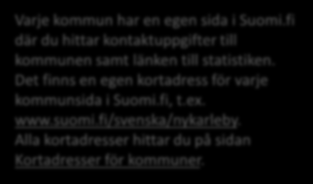 Kommunsidan Varje kommun har en egen sida i Suomi.fi där du hittar kontaktuppgifter till kommunen samt länken till statistiken. Det finns en egen kortadress för varje kommunsida i Suomi.fi, t.ex. www.