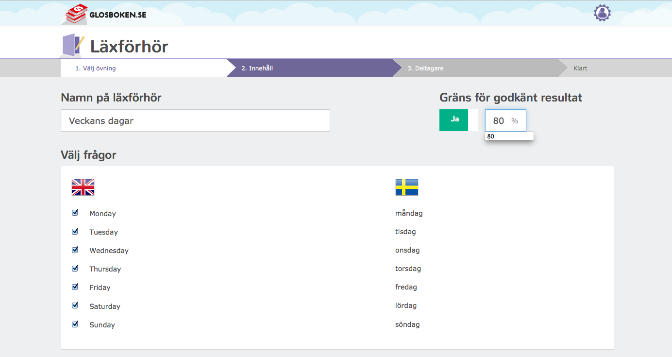 2 Välj kurs och övning. I första steget väljer du en kurs och övning du vill skapa läxförhör ifrån. När du klickar på en kurs kommer du se alla övningar som finns i kursen.