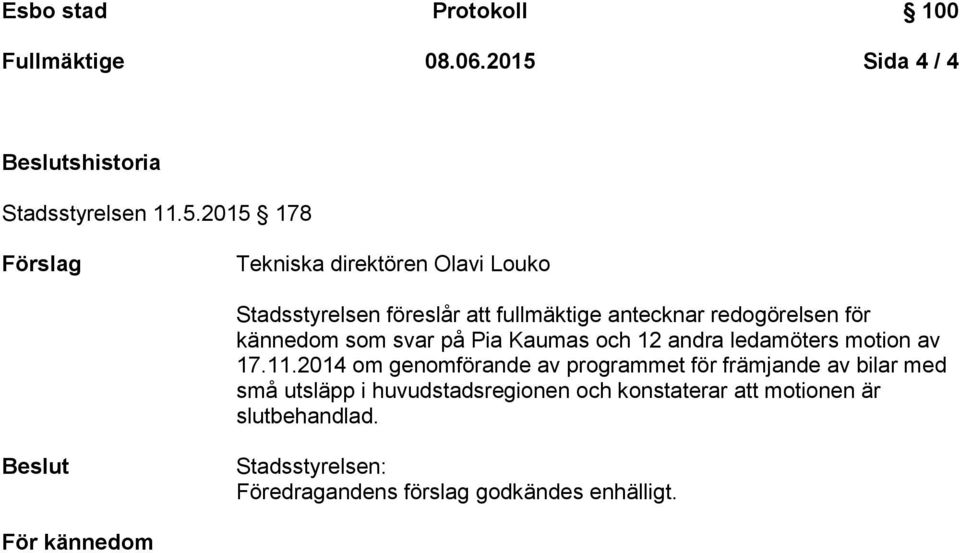 2015 178 Förslag Tekniska direktören Olavi Louko Stadsstyrelsen föreslår att fullmäktige antecknar redogörelsen för