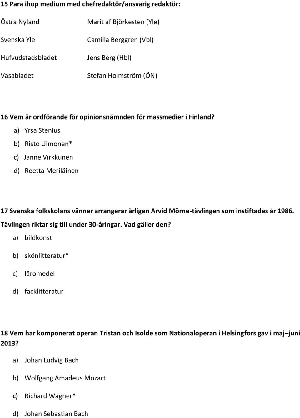 a) Yrsa Stenius b) Risto Uimonen* c) Janne Virkkunen d) Reetta Meriläinen 17 Svenska folkskolans vänner arrangerar årligen Arvid Mörne-tävlingen som instiftades år 1986.