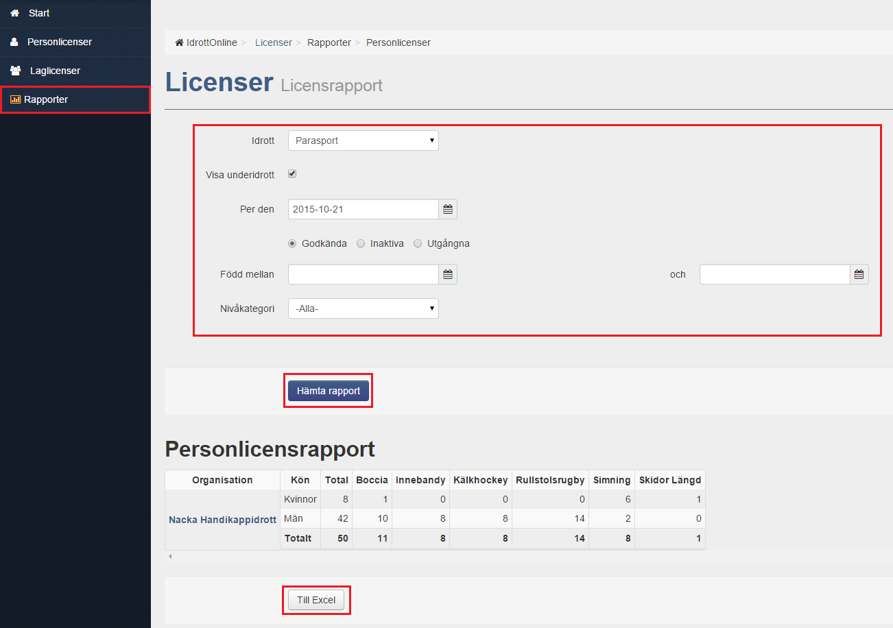 Licensrapporter Under Rapporter i vänstermenyn i Licensmodulen kan även olika typer av listor och rapporter laddas hem.