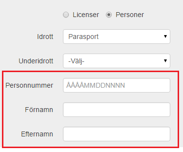 Eller filtrera fram enskilda personer som du vill söka licens/er för genom att fylla i uppgifter,