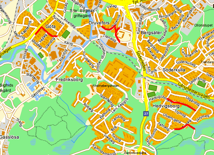 Druvefors Ett stråk har identifierats mellan köpcentret och Daltorpsskolan, vilket till stor del antas bero på den utbredda avsaknaden av papperskorgar.